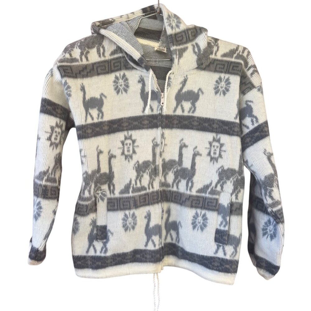 Aly Marka Alpaca Pattern Wool Zip-Up Hooded Jacket S